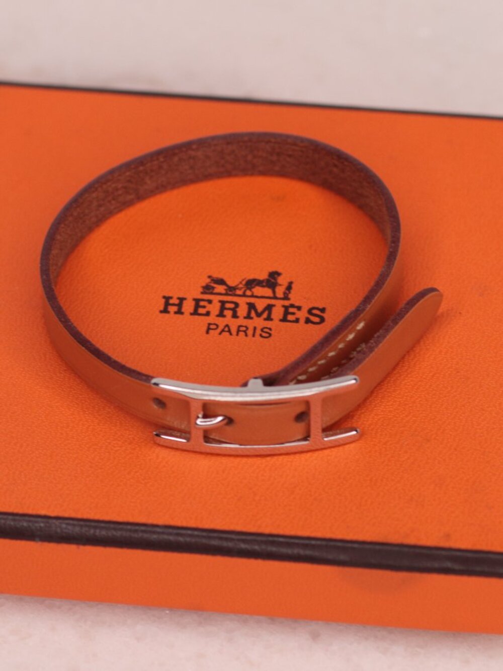 Auth Hermès Behapi Simple Tour Leather Bracelet Palladium Buckle Box Set